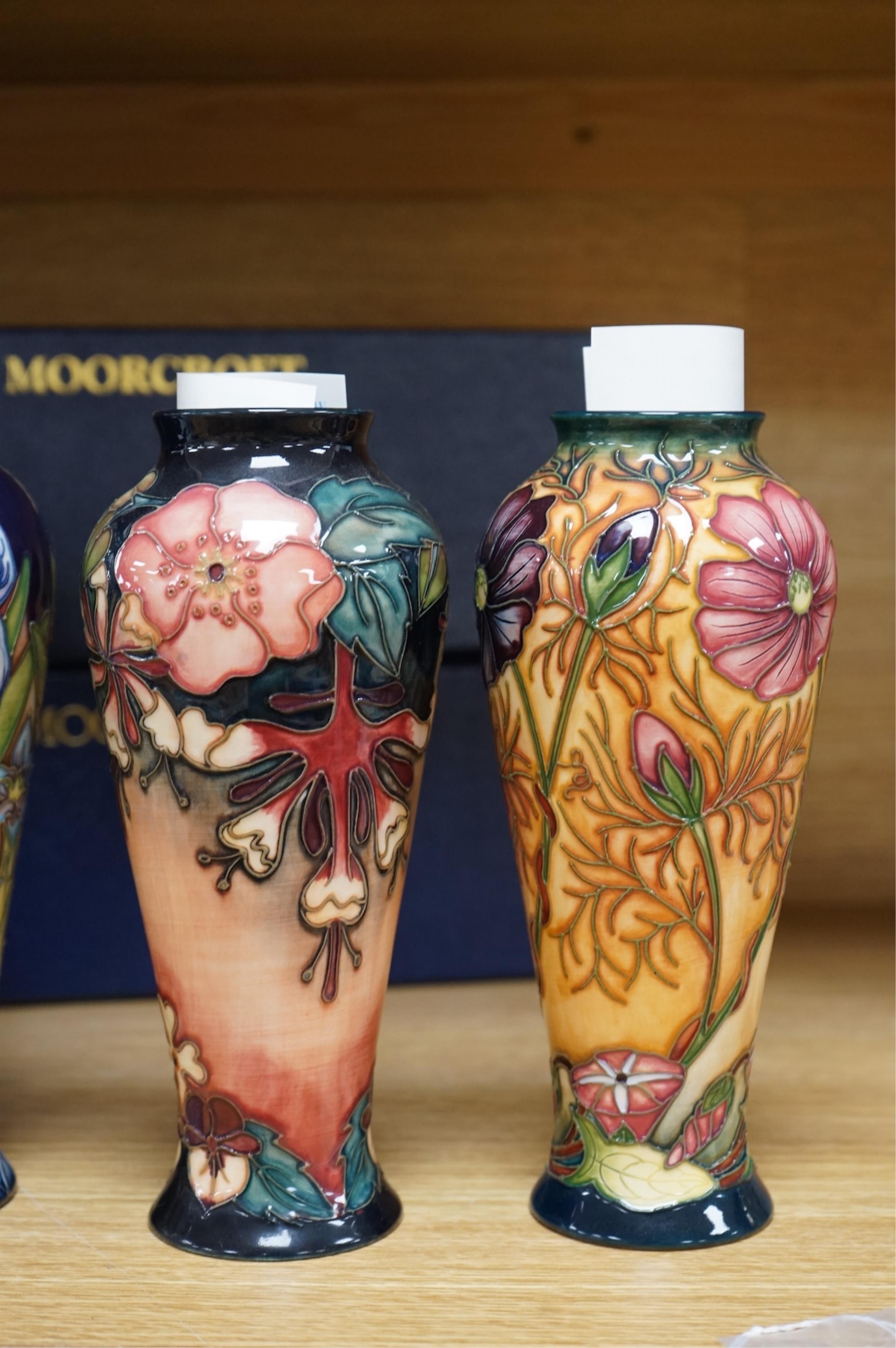 Five boxed Moorcroft vases - Geneva, Meadow Cranesbill, Cosmos, Oberon and Charles Rennie Macintosh patterns, 20.5cm